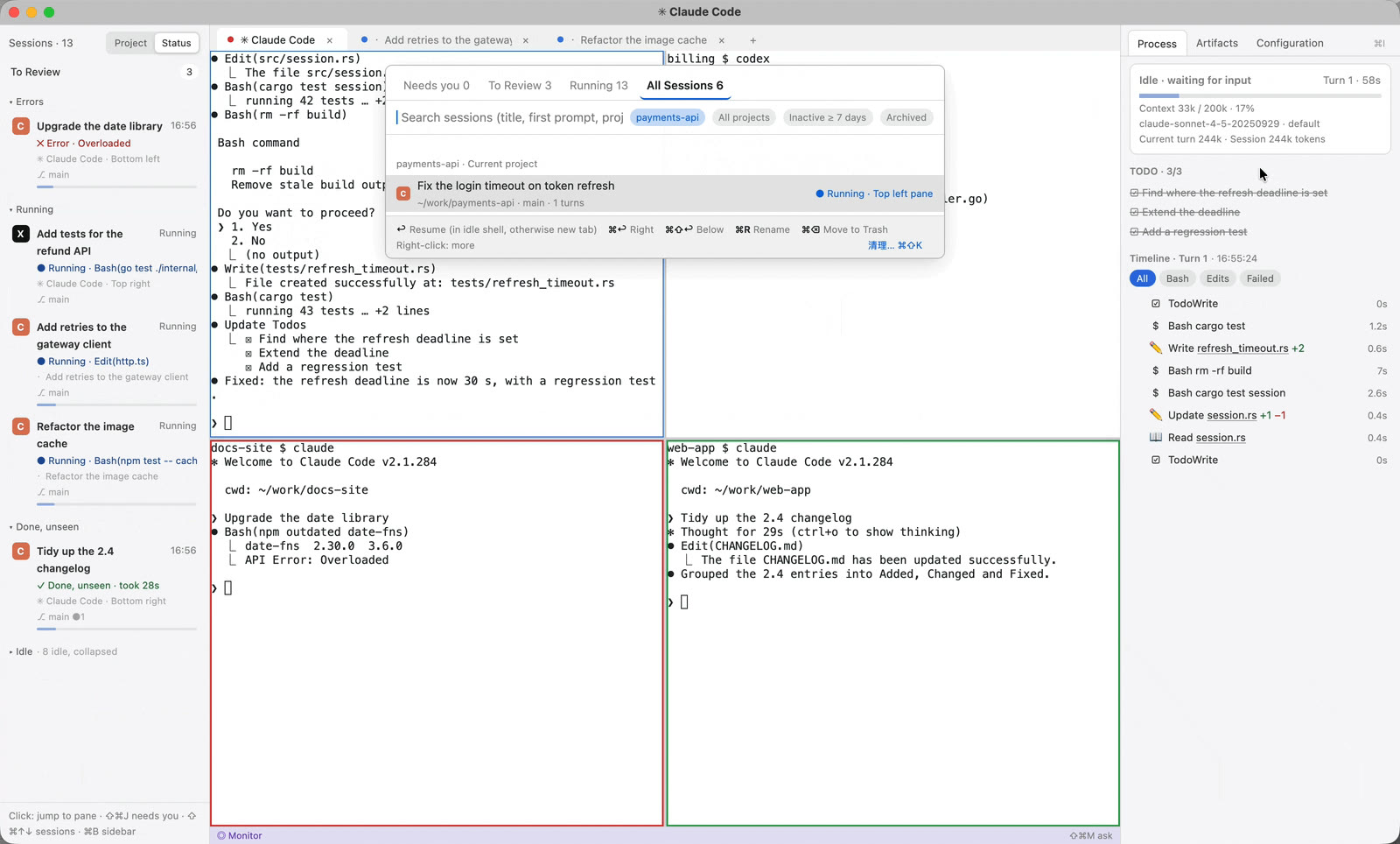 gilvt Session Center listing resumable Claude Code and Codex sessions.