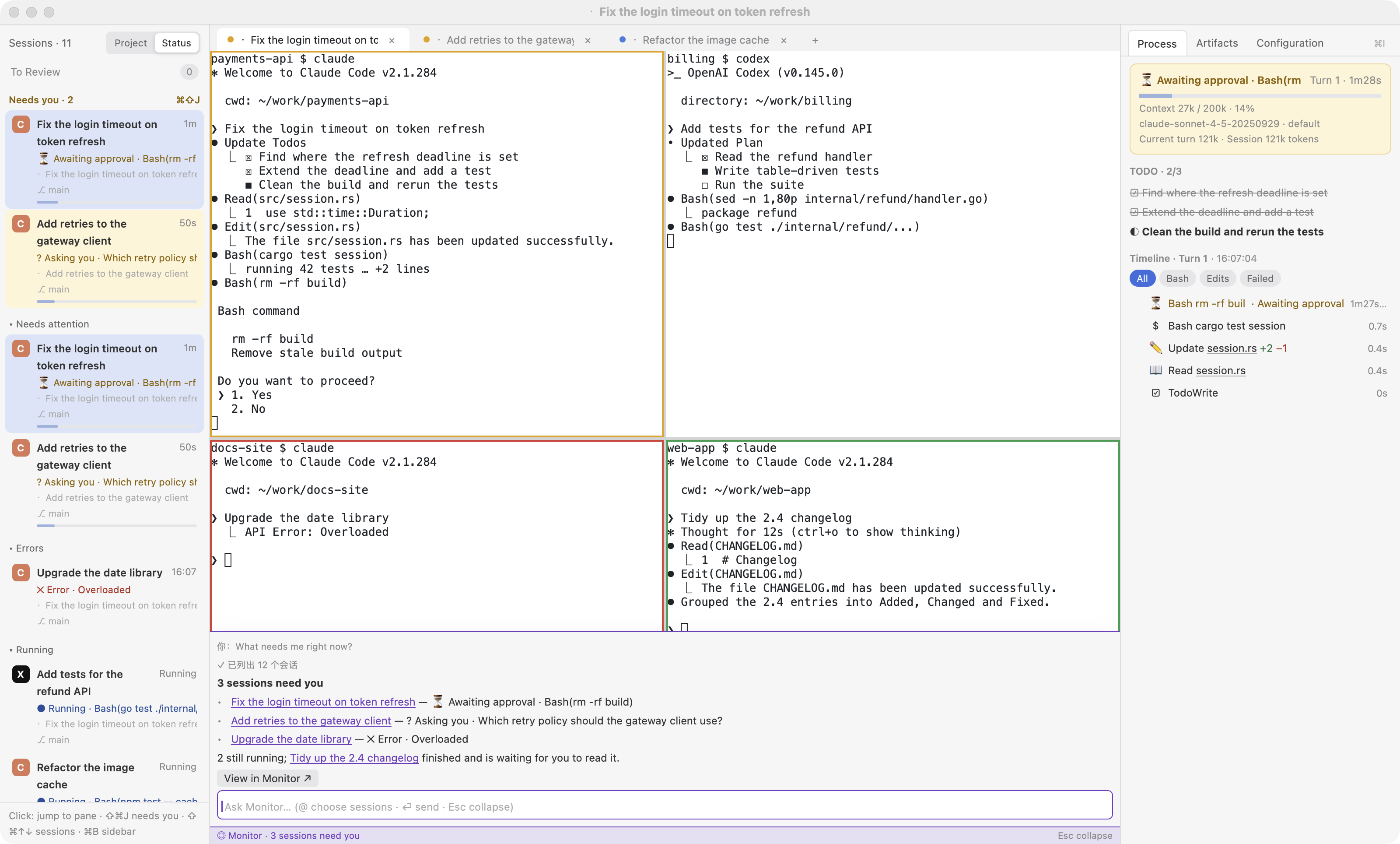 gilvt showing six coding-agent sessions with running, waiting, error and completed states.